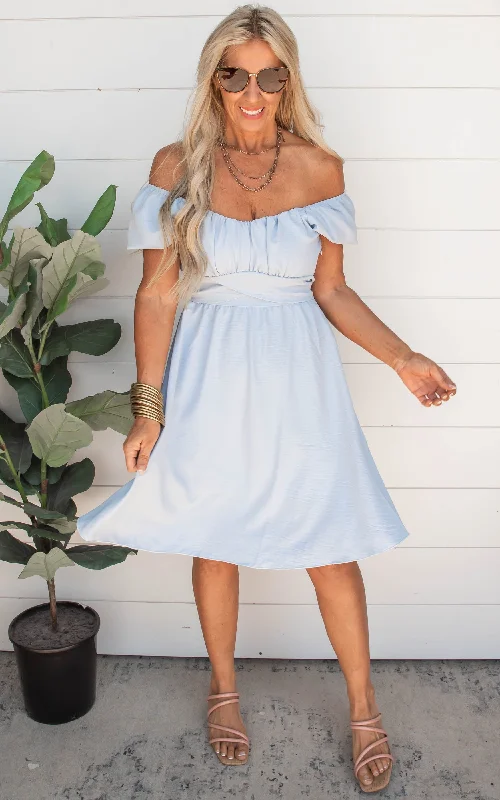 The Charlotte Puff Sleeves Midi Dress - Denim Blue - Final Sale Stylish Wraparound Midi Dress