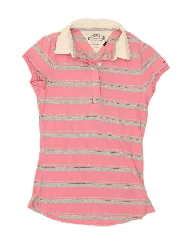 TOMMY HILFIGER Womens Polo Shirt UK 12 Medium Pink Striped Cotton Comfortable Loose Short Sleeve