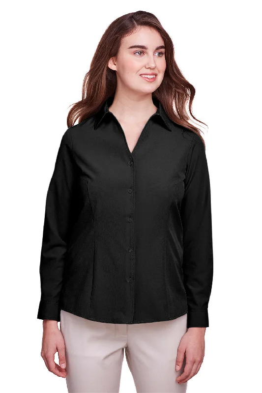 UltraClub Womens Bradley Performance Moisture Wicking Long Sleeve Button Down Shirt - Black Trendy Floral Short Sleeve