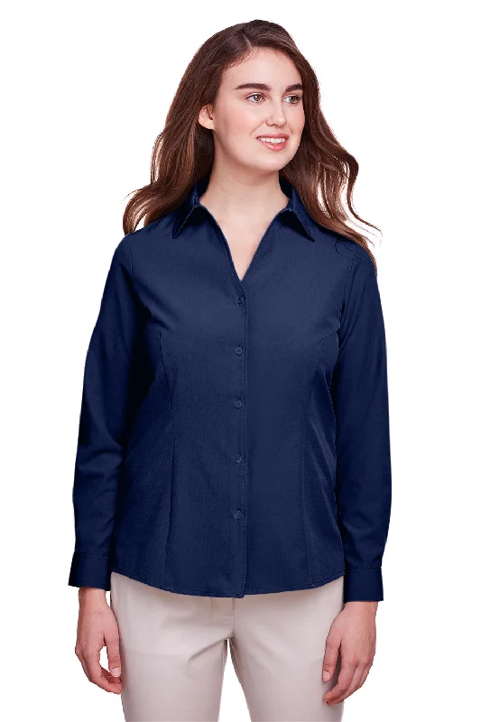 UltraClub Womens Bradley Performance Moisture Wicking Long Sleeve Button Down Shirt - Navy Blue Soft Silk Short Sleeve