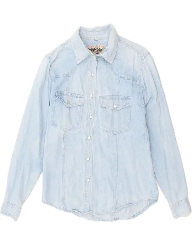 VINTAGE Womens Denim Shirt UK 10 Small Blue Elegant High-Low Short Shirt