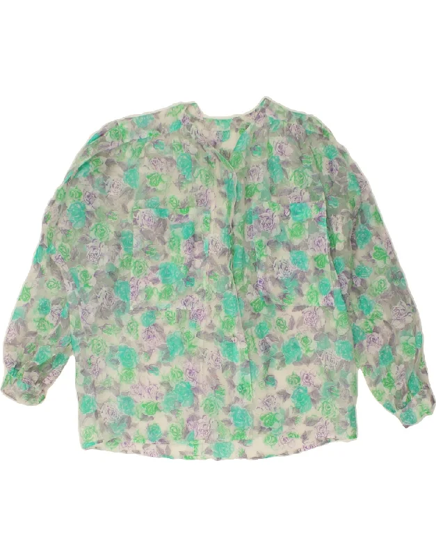 VINTAGE Womens Shirt Blouse UK 18 XL Green Floral Cozy Striped Short Sleeve