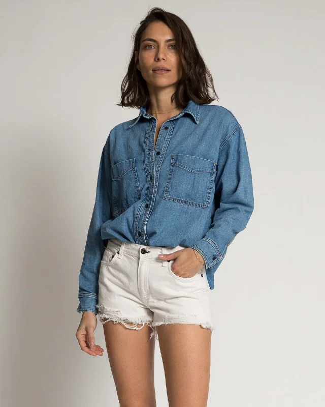 Oversized Denim Shirt Fashionable Plaid Short Sleeve