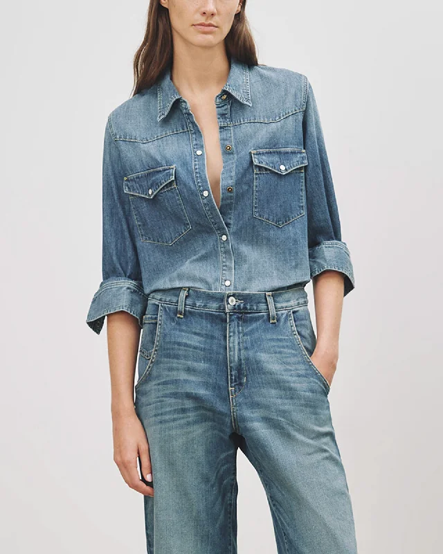 Travis Denim Shirt Fashionable Tied Short Sleeve