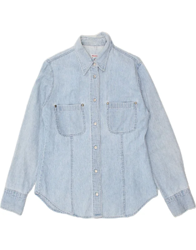 WAMPUM Womens Denim Shirt UK 10 Small Blue Cotton Classic Basic Short Shirt