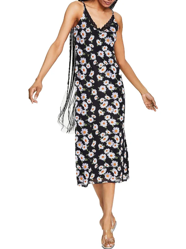 Womens Floral Print Calf Midi Dress Elegant Floral Appliqué Midi Dress