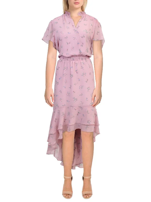 Womens Floral Print Ruffled Midi Dress Elegant Pleated Sleeve Midi Dress