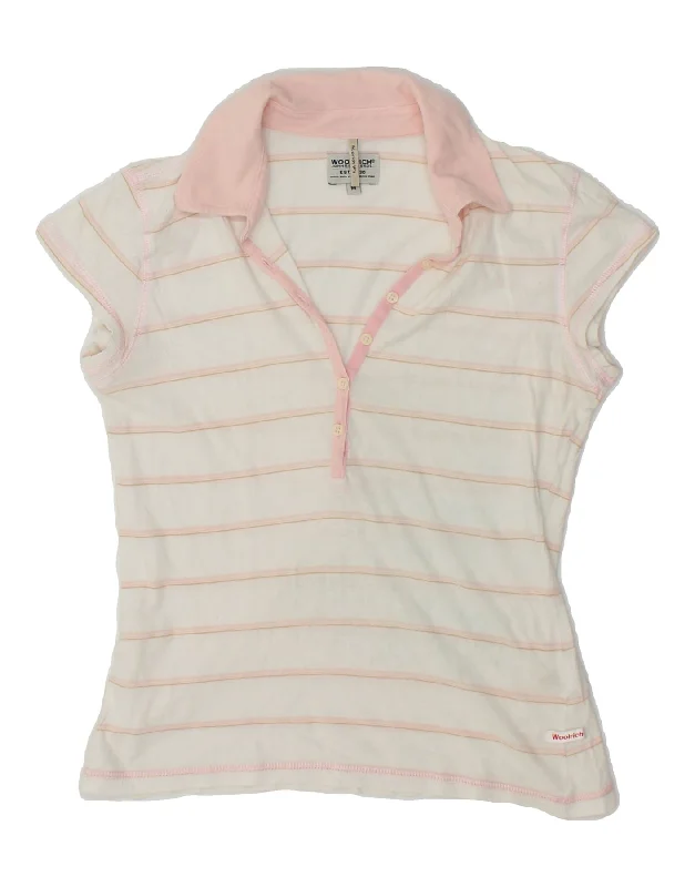 WOOLRICH Womens Polo Shirt UK 12 Medium Pink Striped Cotton Classic Short Sleeve Blouse