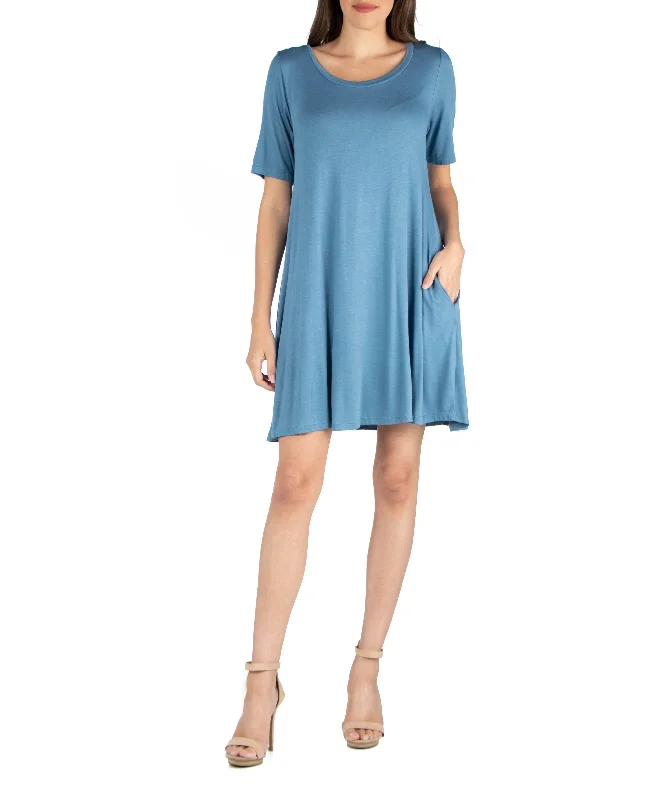 24seven Comfort Apparel Soft Flare T-Shirt Dress With Pocket Detail Solid Print Embellished