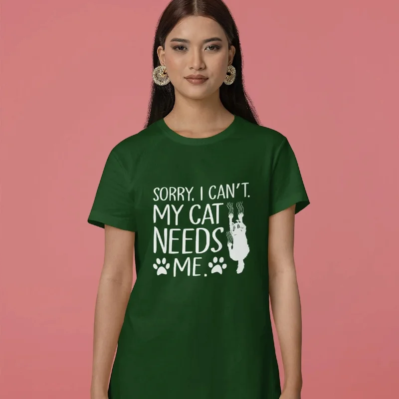 My Cat Needs Me Round Neck Half Sleeve Classic T-Shirt Welt Pockets Slit Pockets Flap Pockets