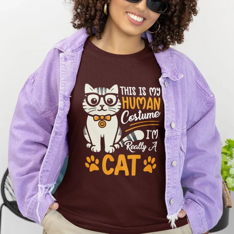 I'm Really a Cat Round Neck Half Sleeve Classic T-Shirt Welt Pockets Slit Pockets