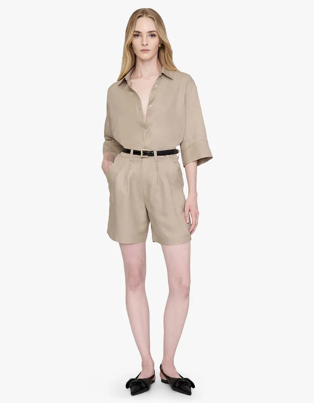 Mary Shirt - Oatmeal Linen Blend Fashionable Draped Short Sleeve