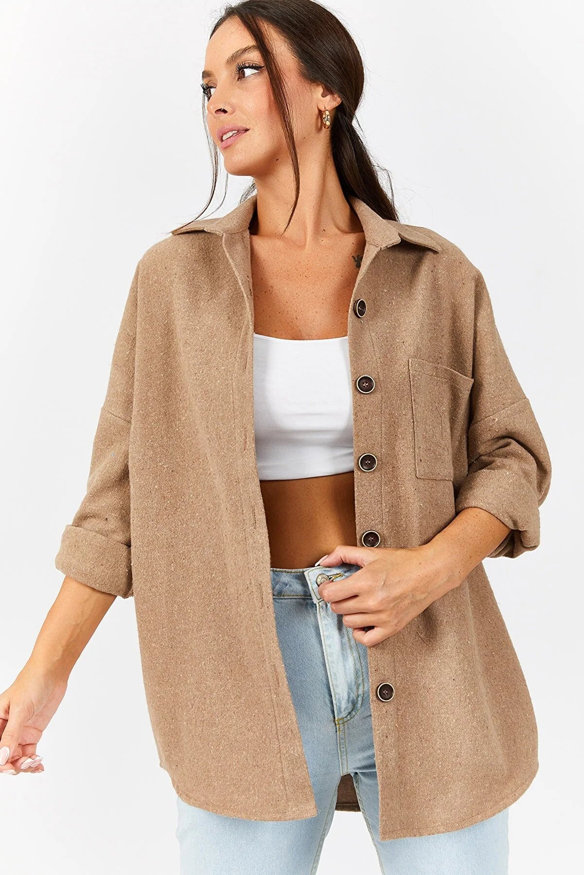 Armonica Women's Beige Oversize Stitched Pocket Shirt Fashionable Pleated Short Shirt Armonica Women's Beige Oversize Stitched Pocket Shirt Fashionable Pleated Short Shirt