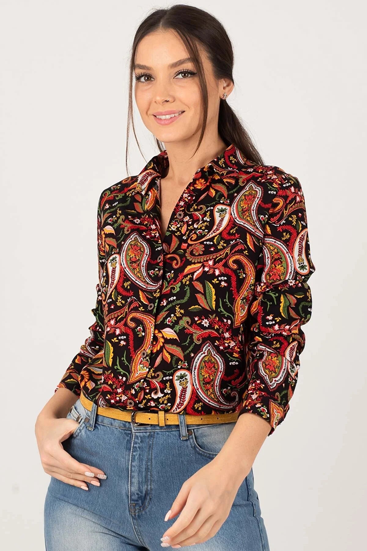 Armonika Women's Black Patterned Long Sleeve Shirt Modern Fit Short Sleeve