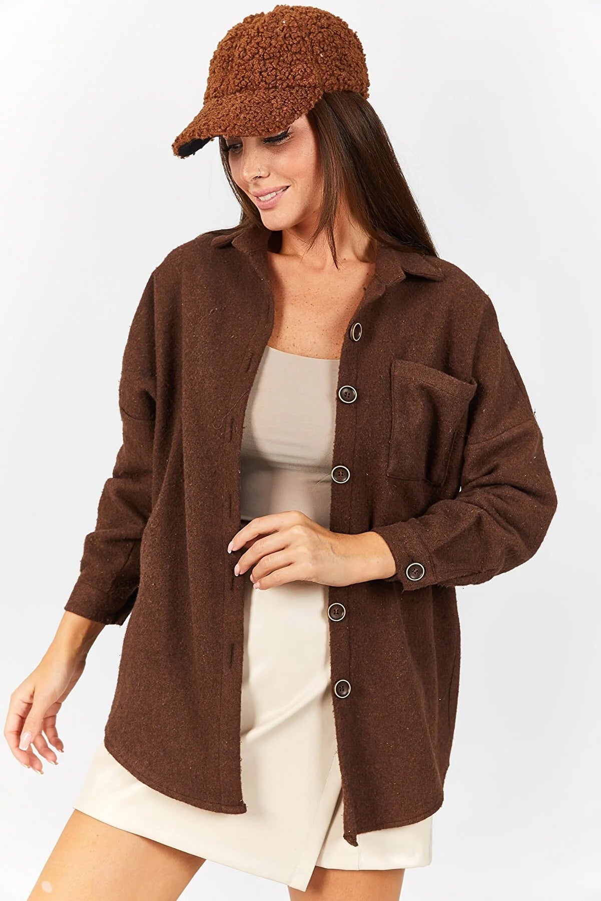 Armonica Women's Brown Oversize Stitched Pocket Shirt Fashionable Button-Front Short Sleeve Armonica Women's Brown Oversize Stitched Pocket Shirt Fashionable Button-Front Short Sleeve