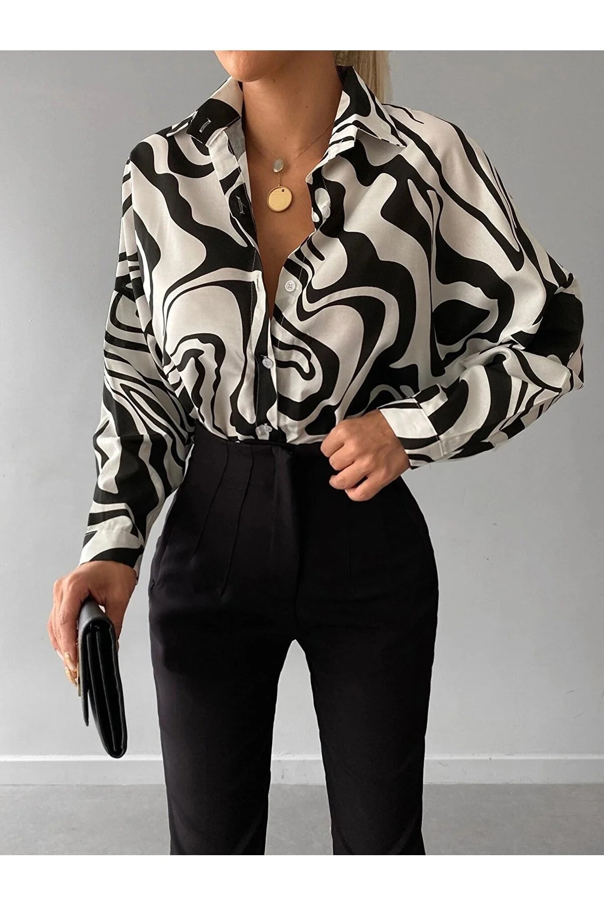 Armonika Women's Black Patterned Oversize Long Basic Shirt Cozy Summer Short Shirt