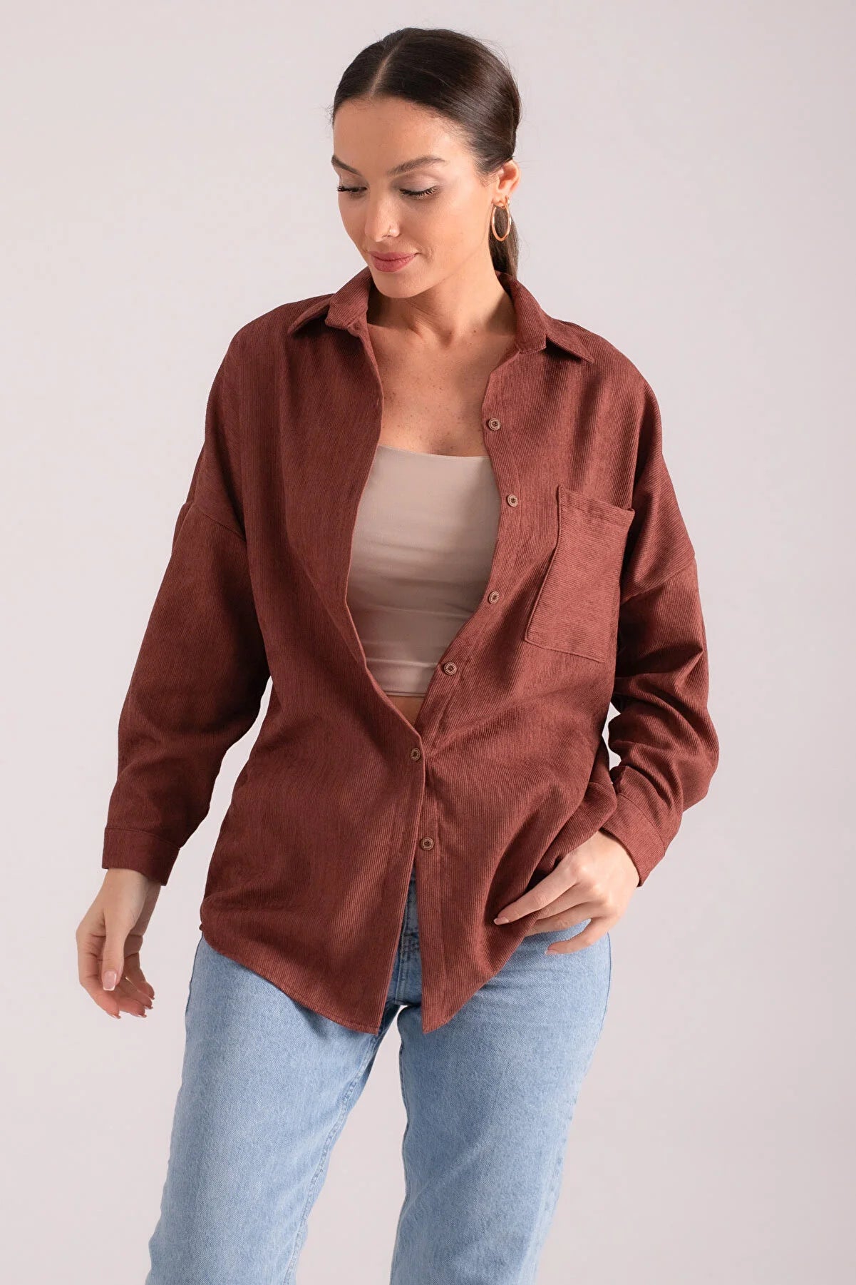 Armonika Women's Brown Pocket Oversize Slim Corduroy Shirt Casual Boxy Short Shirt