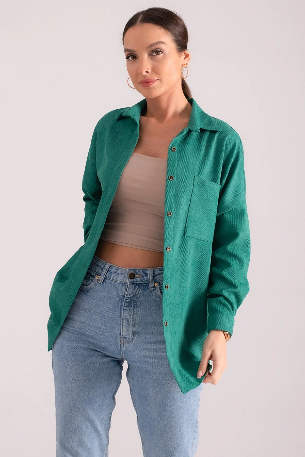 Armonika Women's Dark Green Pocket Oversize Slim Corduroy Shirt Comfortable Summer Short Shirt Armonika Women's Dark Green Pocket Oversize Slim Corduroy Shirt Comfortable Summer Short Shirt