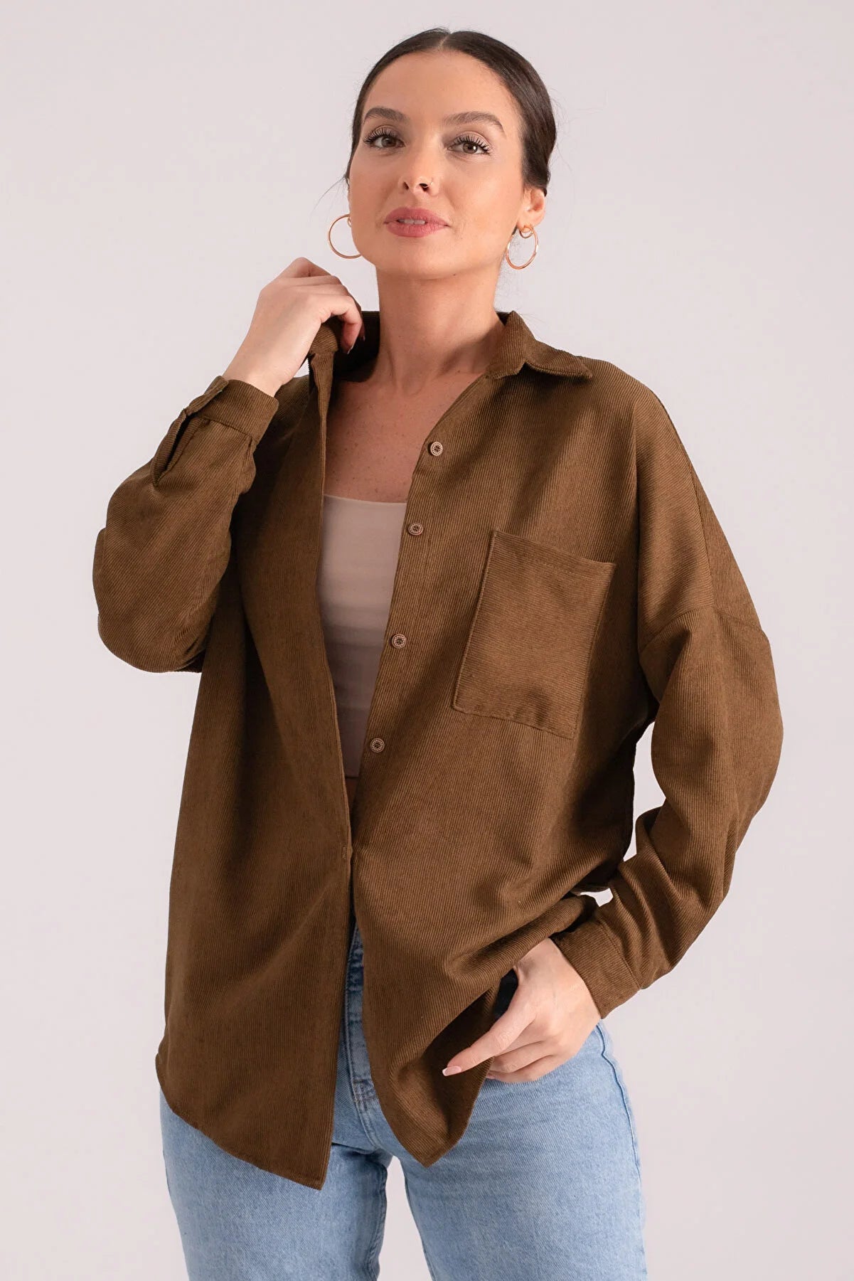 Armonika Women's Dark Khaki Pocket Oversize Slim Corduroy Shirt Chic V-Neck Short Blouse Armonika Women's Dark Khaki Pocket Oversize Slim Corduroy Shirt Chic V-Neck Short Blouse