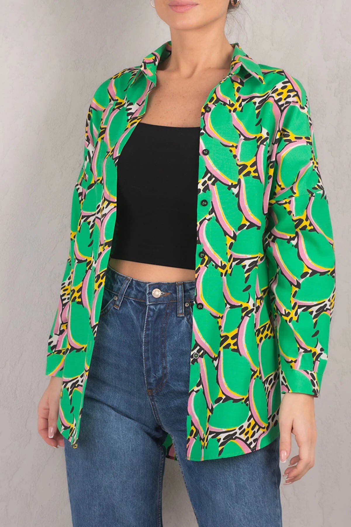 Armonika Women's Green Patterned Oversize Long Basic Shirt Stylish Casual Short Tee