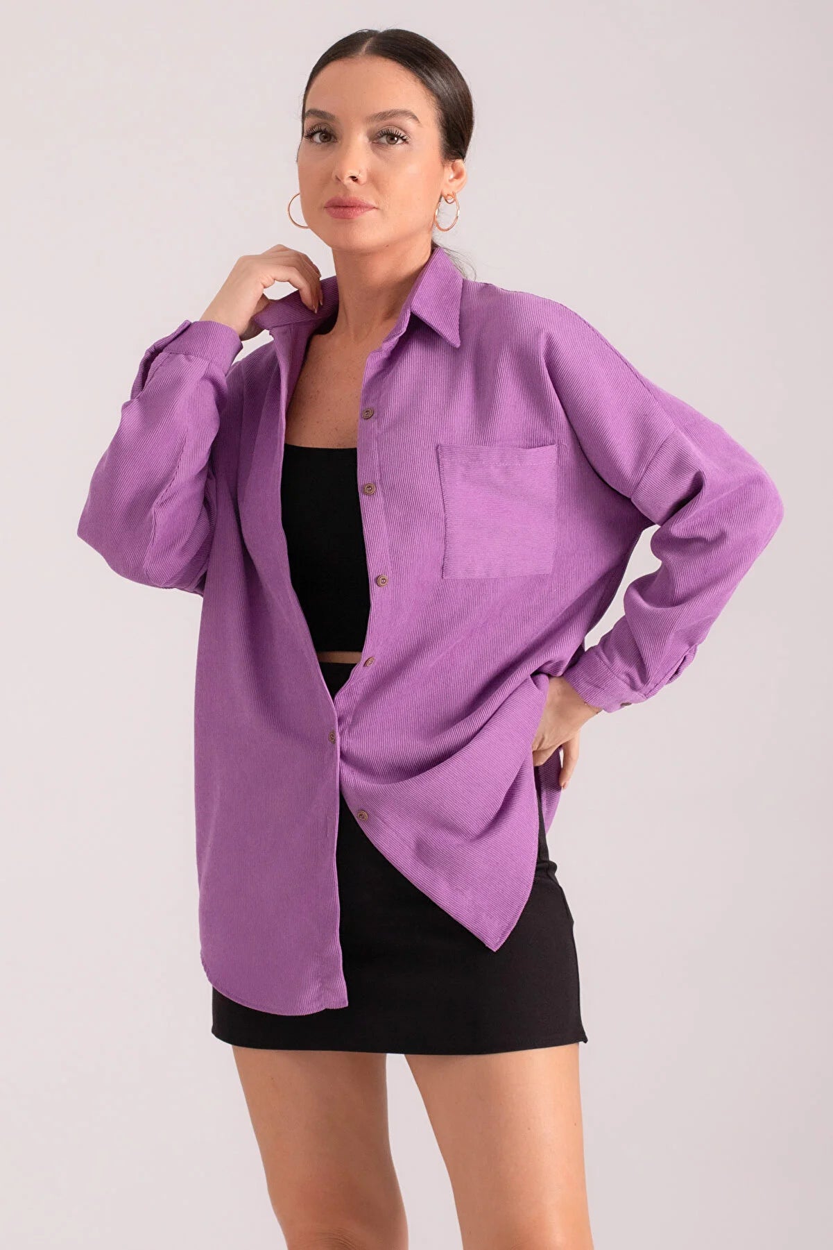 Armonika Women's Lilac Pocket Oversize Slim Corduroy Shirt Modern Casual Short Sleeve Armonika Women's Lilac Pocket Oversize Slim Corduroy Shirt Modern Casual Short Sleeve