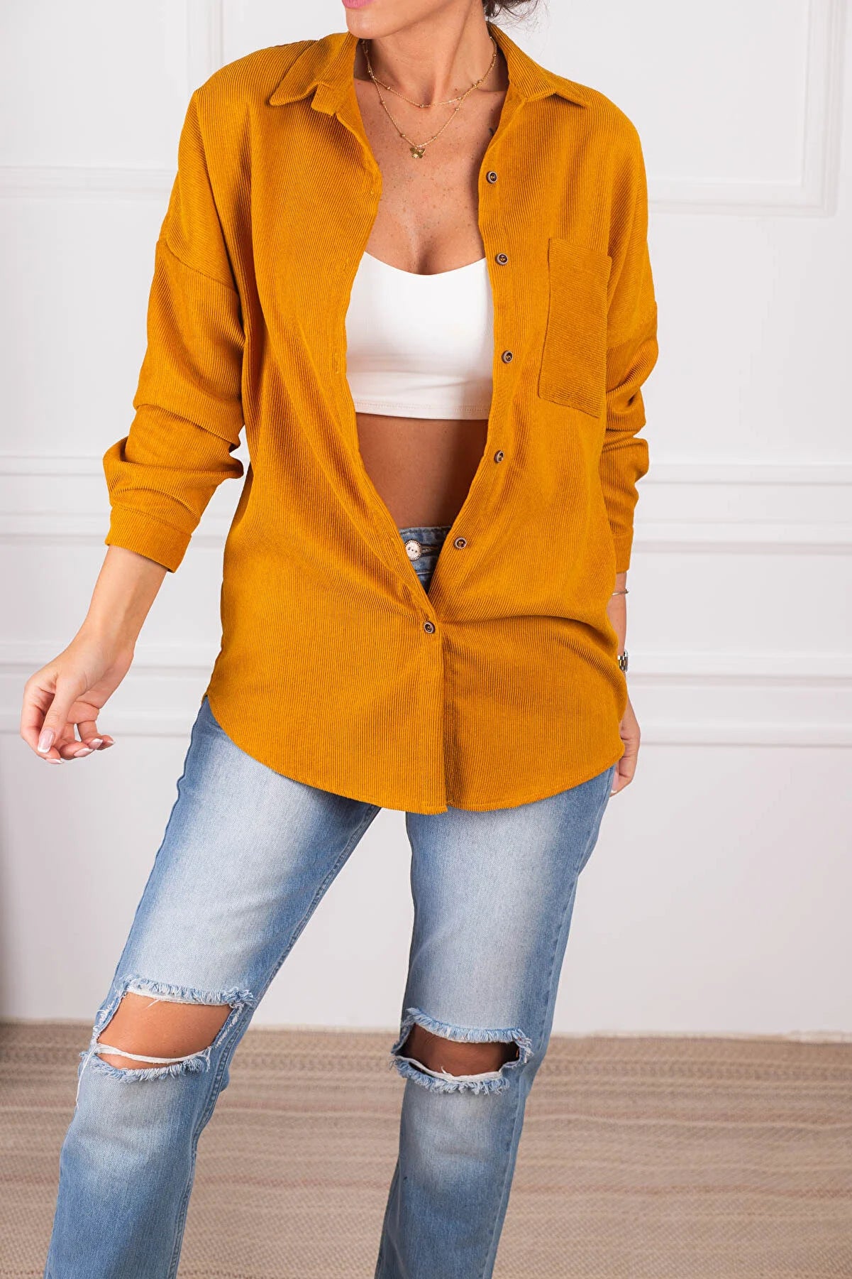 Armonika Women's Mustarad Pocketed Oversize Velvet Long Basic Shirt Classic Cropped Short Sleeve Armonika Women's Mustarad Pocketed Oversize Velvet Long Basic Shirt Classic Cropped Short Sleeve