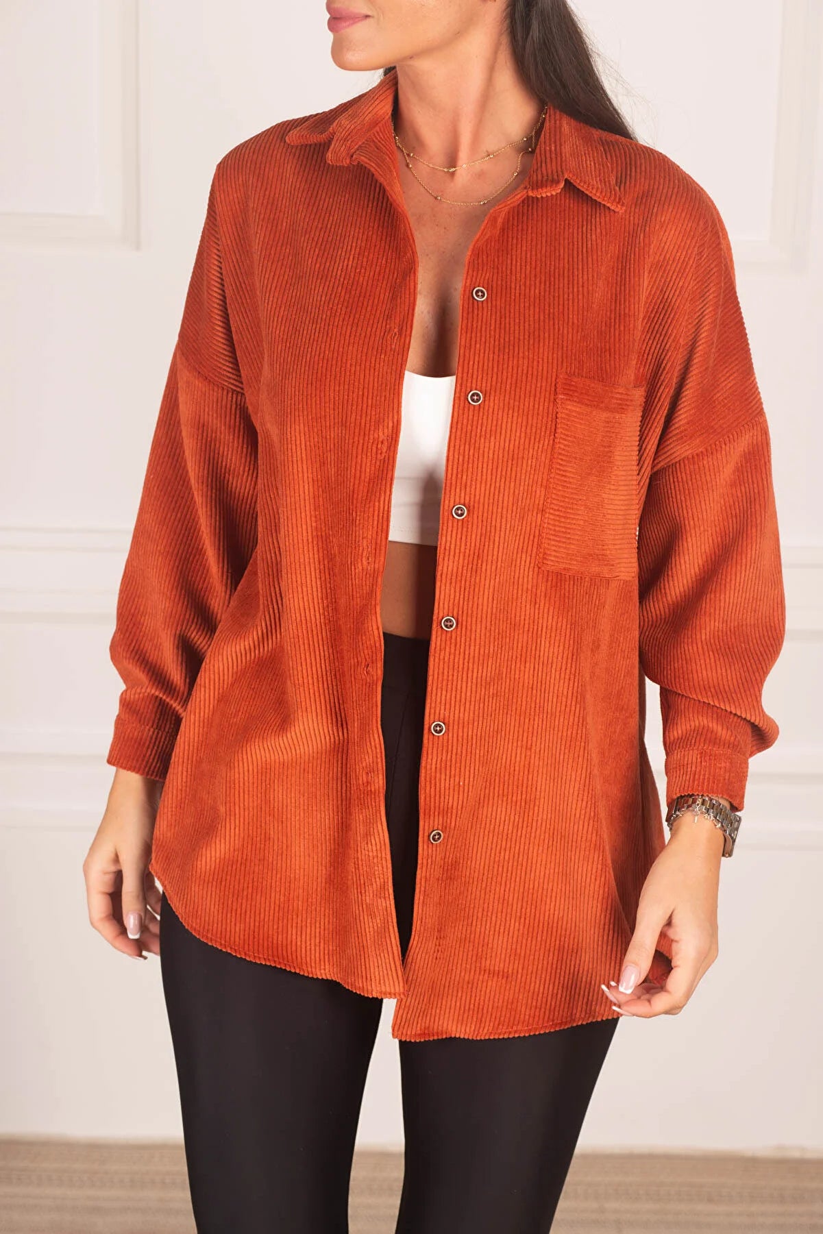Armonika Women's Orange Pocketed Oversize Velvet Long Basic Shirt Relaxed Button-Down Short Shirt Armonika Women's Orange Pocketed Oversize Velvet Long Basic Shirt Relaxed Button-Down Short Shirt