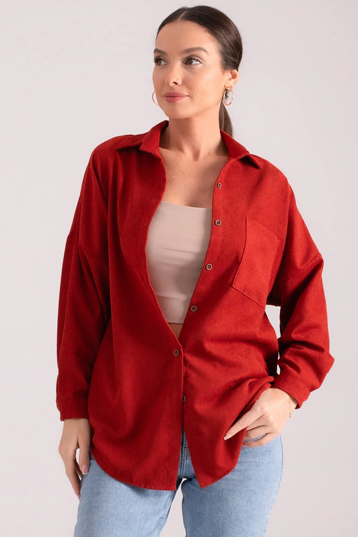 Armonika Women's Red Pocket Oversize Slim Corduroy Shirt Stylish Split-Hem Short Shirt Armonika Women's Red Pocket Oversize Slim Corduroy Shirt Stylish Split-Hem Short Shirt