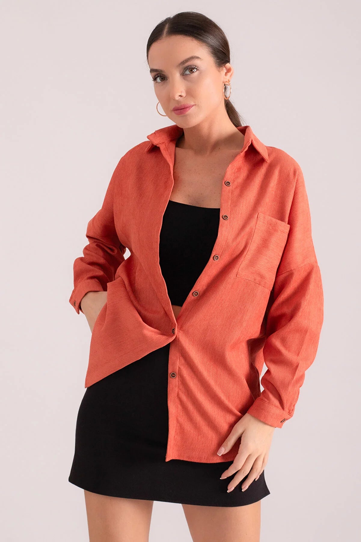 Armonika Women's Salmon Pocket Oversize Slim Corduroy Shirt Fashionable Sheer Short Shirt Armonika Women's Salmon Pocket Oversize Slim Corduroy Shirt Fashionable Sheer Short Shirt