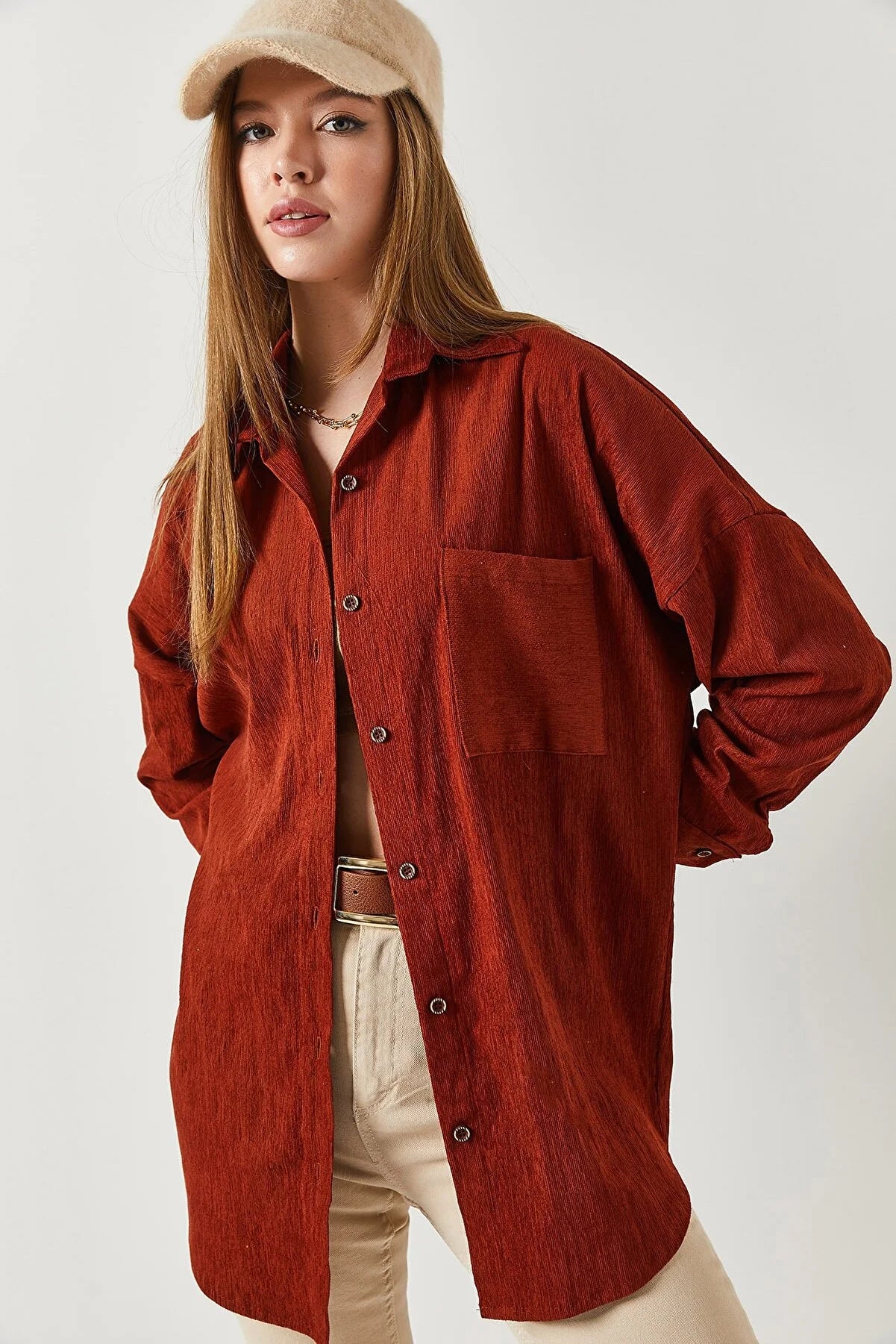 Armonika Women's Tile Pocketed Oversize Velvet Long Basic Shirt Stylish Casual Short Tee Armonika Women's Tile Pocketed Oversize Velvet Long Basic Shirt Stylish Casual Short Tee