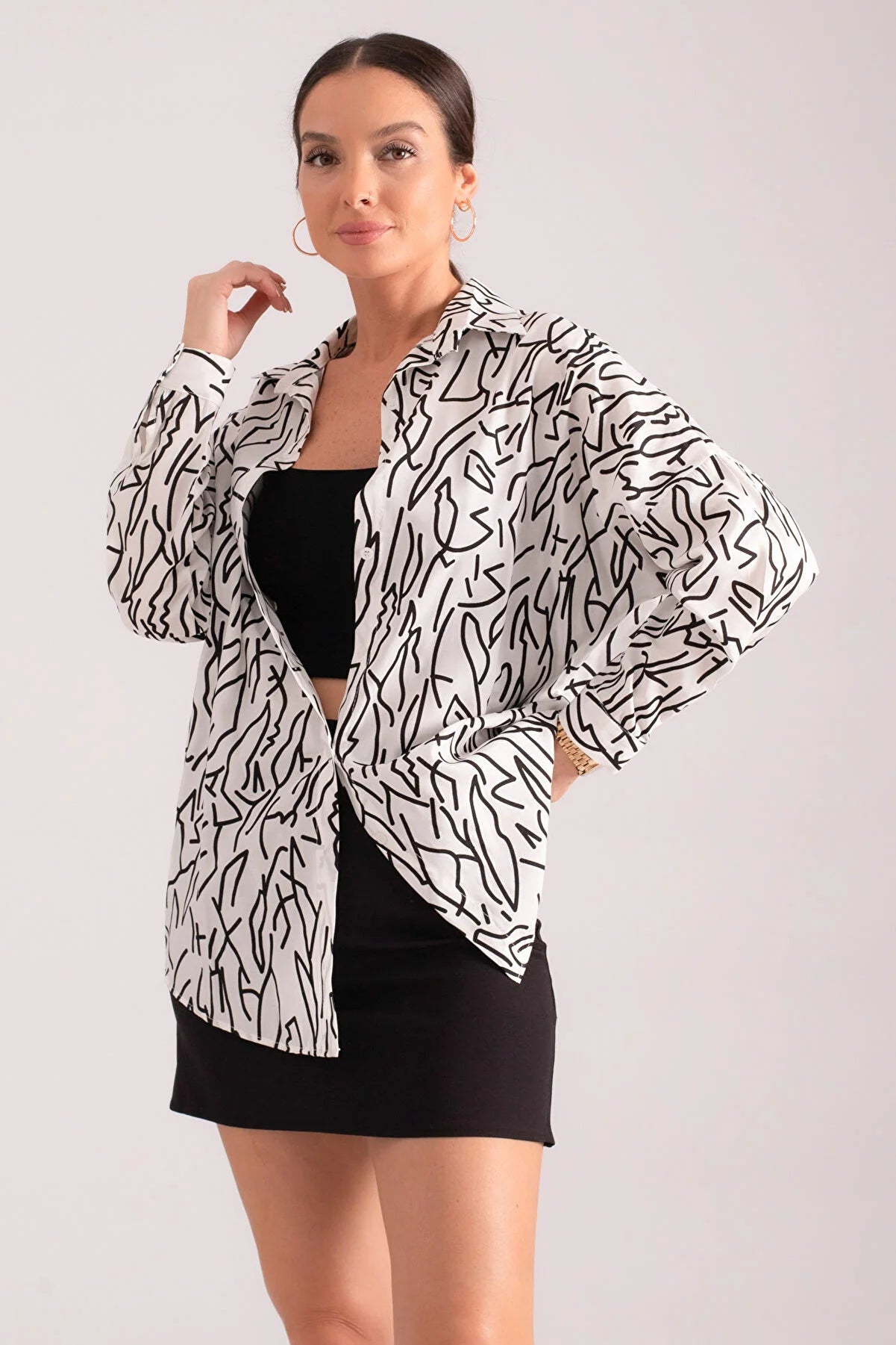 Armonika Women's White Patterned Oversize Long Basic Shirt Relaxed Fit Short Blouse