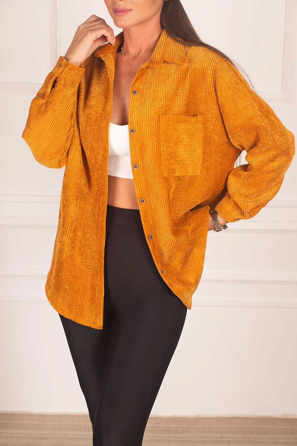 Armonika Women's Yellow Pocketed Oversize Velvet Long Basic Shirt Comfortable Loose Short Sleeve Armonika Women's Yellow Pocketed Oversize Velvet Long Basic Shirt Comfortable Loose Short Sleeve