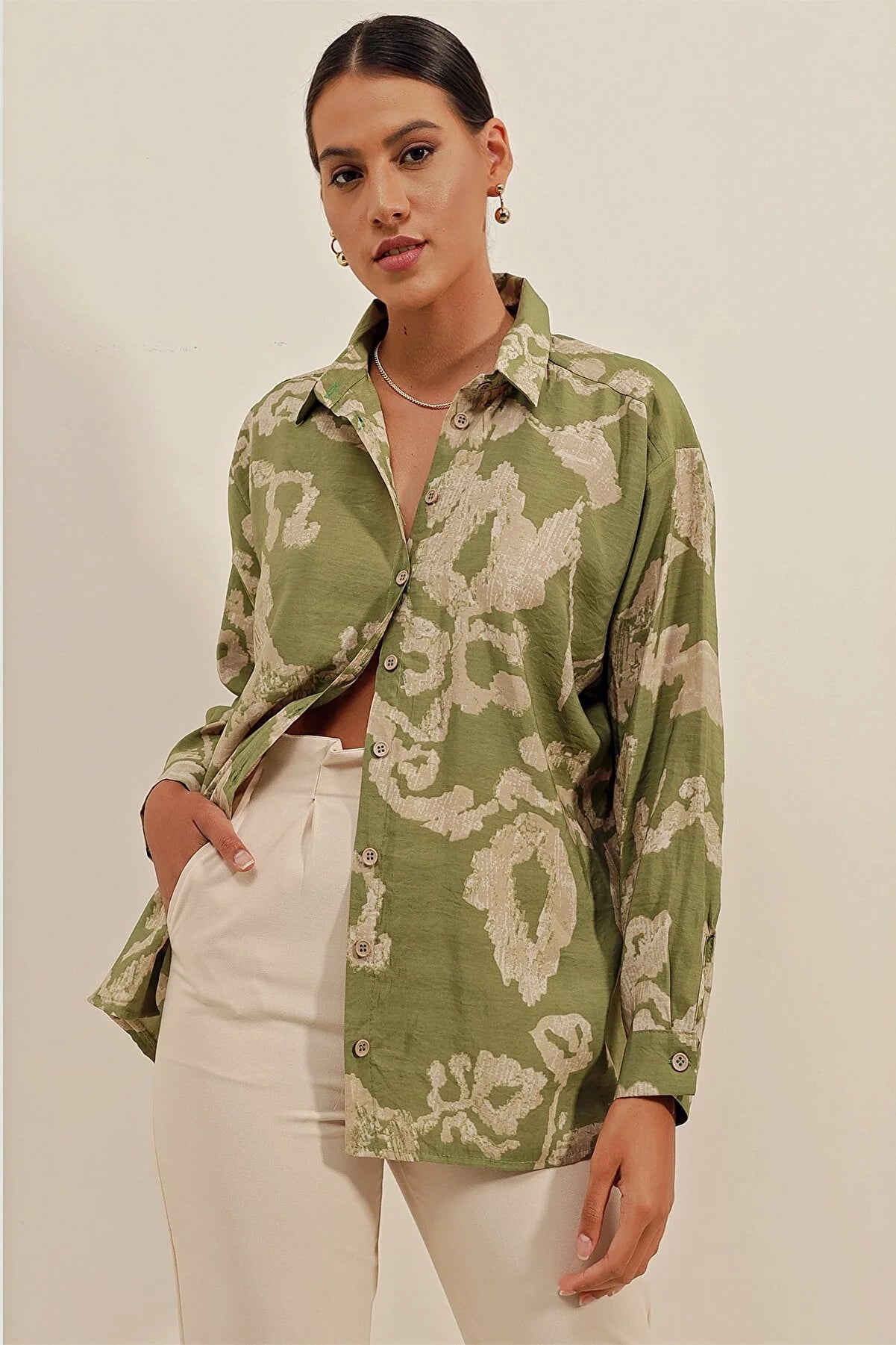 Bigdart Women's Green Oversize Long Basic Shirt Trendy Short Sleeve Blouse