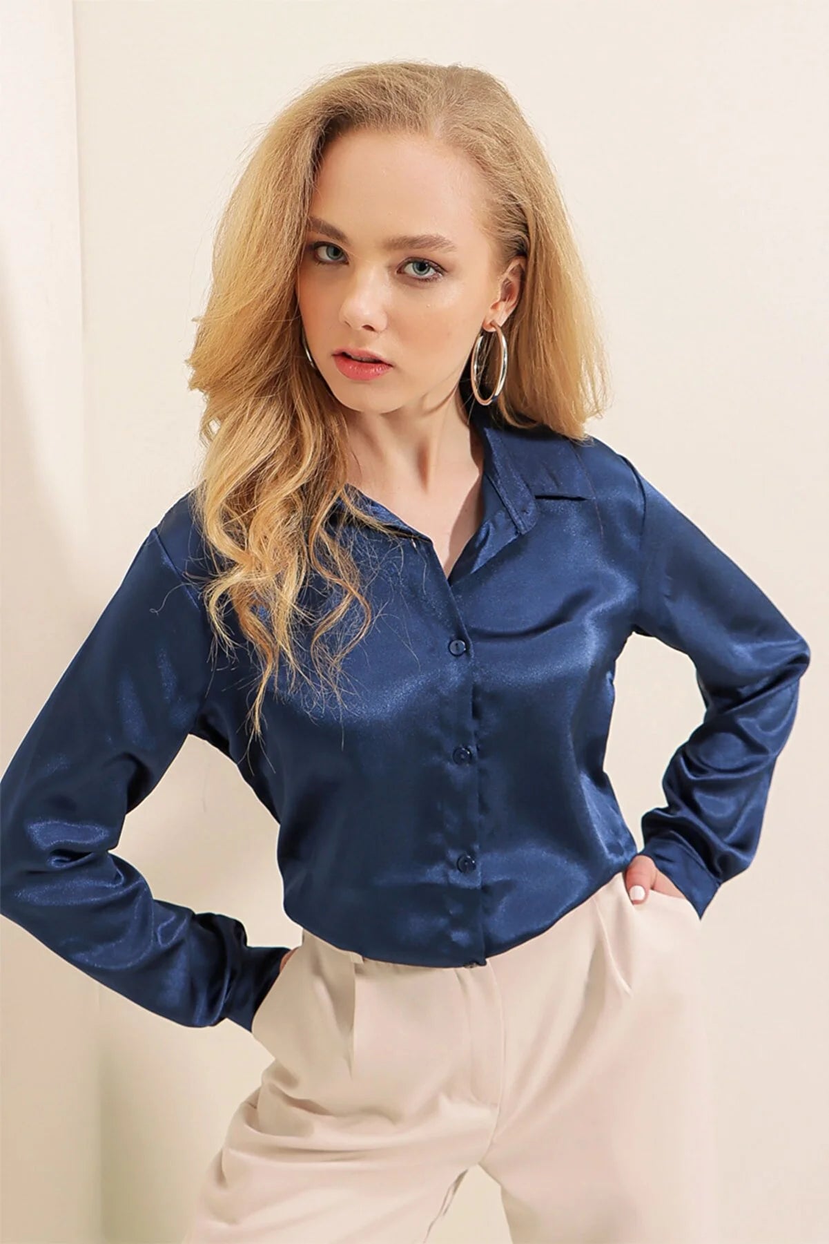 Bigdart Women's Navy Blue Lightly Flowing Satin Shirt Comfortable Short Sleeve Blouse Bigdart Women's Navy Blue Lightly Flowing Satin Shirt Comfortable Short Sleeve Blouse