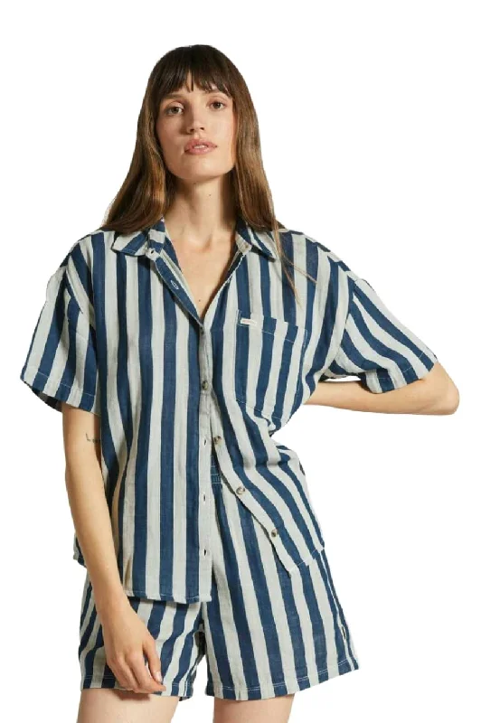 BRIXTON Women's Mykonos Stripe Boyfriend Woven Shirt Deep Sea Fashionable Pleated Short Shirt BRIXTON Women's Mykonos Stripe Boyfriend Woven Shirt Deep Sea Fashionable Pleated Short Shirt