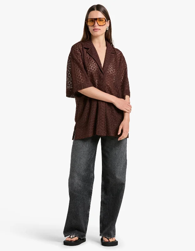 Agna Lace Shirt - Mocha Elegant Longline Short Shirt
