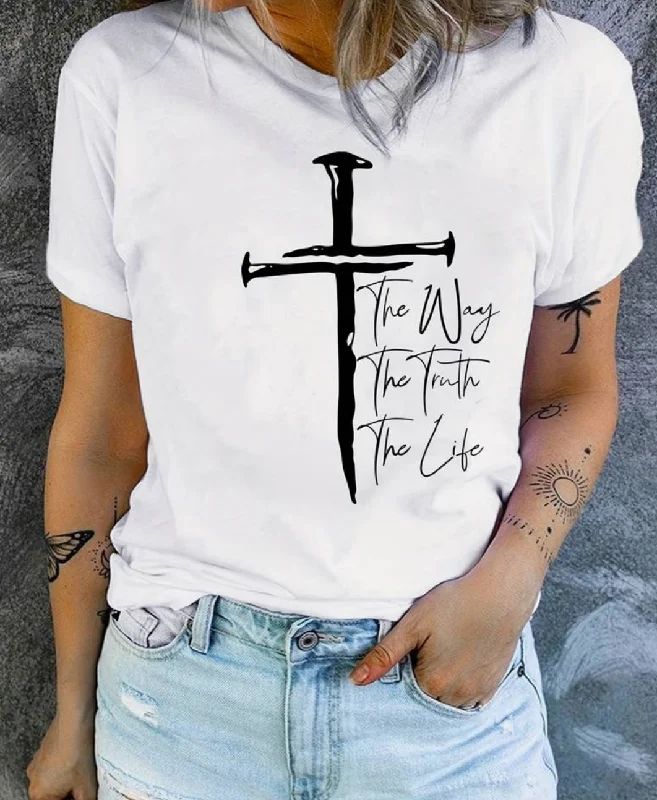 Christian Cross Print T-Shirt, Short Sleeve Crew Neck Casual Top For Summer & Spring, Women's Clothing Silk Blend Satin Velvet