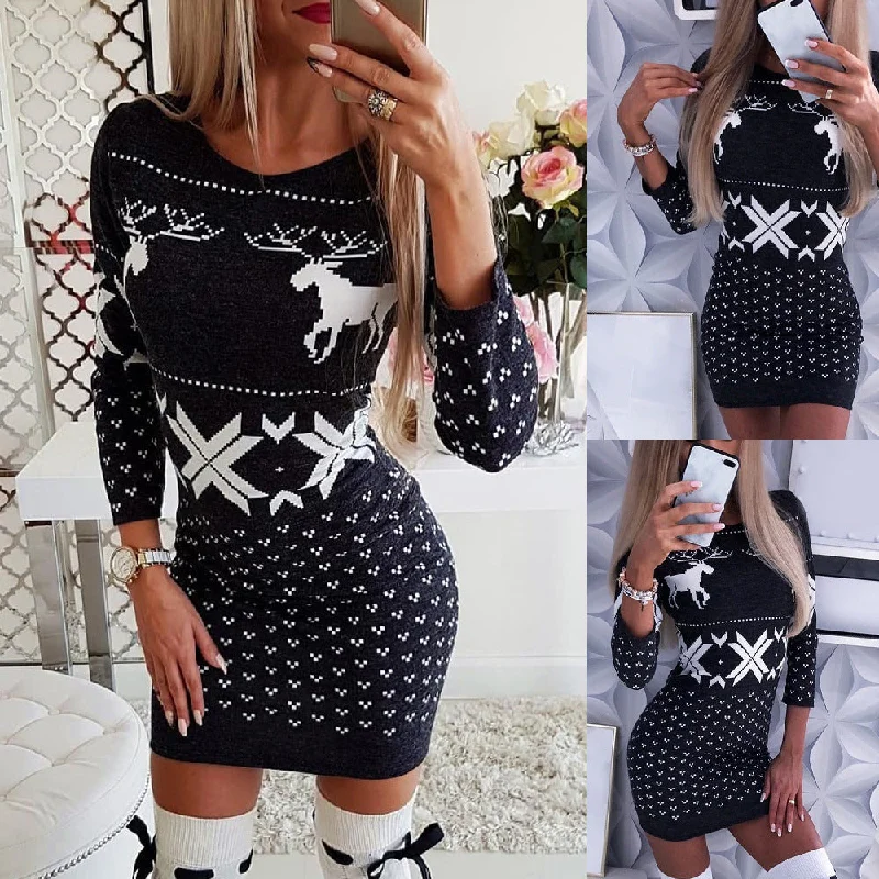 Christmas digital printing tight-fitting hip dress, long-sleeved thin T-shirt and skirt Real Fur Shearling Chenille Christmas digital printing tight-fitting hip dress, long-sleeved thin T-shirt and skirt Real Fur Shearling Chenille