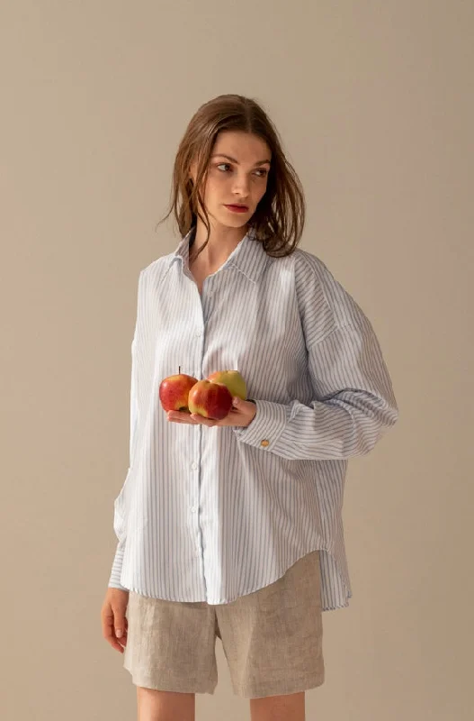 Classic Blue Striped Oversize Shirt Elegant Lace-Trimmed Short Shirt