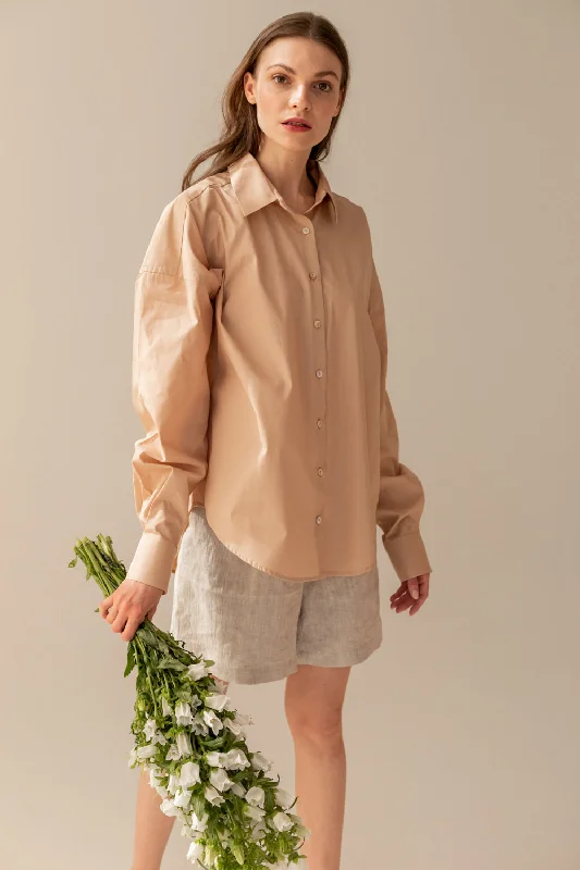Classic Oversize Shirt Beige Elegant Draped Short Shirt