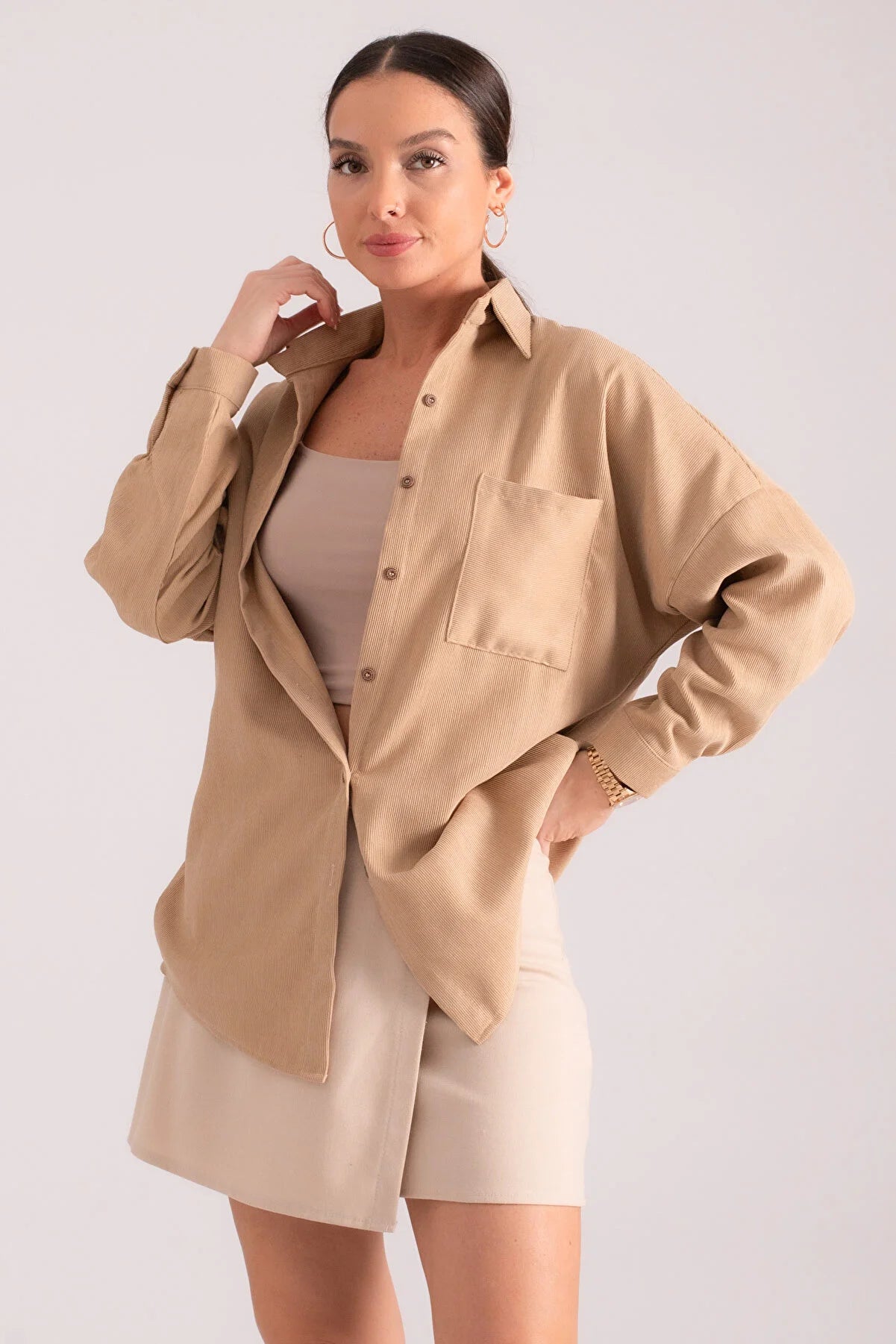 Armonika Women's Beige Pocket Oversize Slim Corduroy Shirt Casual Cotton Short Shirt Armonika Women's Beige Pocket Oversize Slim Corduroy Shirt Casual Cotton Short Shirt