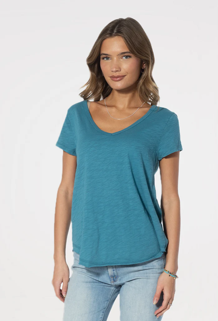 Dylan Slub Cotton Deep V-Neck Shirt Tail Tee Deep Sea Blue Relaxed Fit Short Sleeve Top Dylan Slub Cotton Deep V-Neck Shirt Tail Tee Deep Sea Blue Relaxed Fit Short Sleeve Top