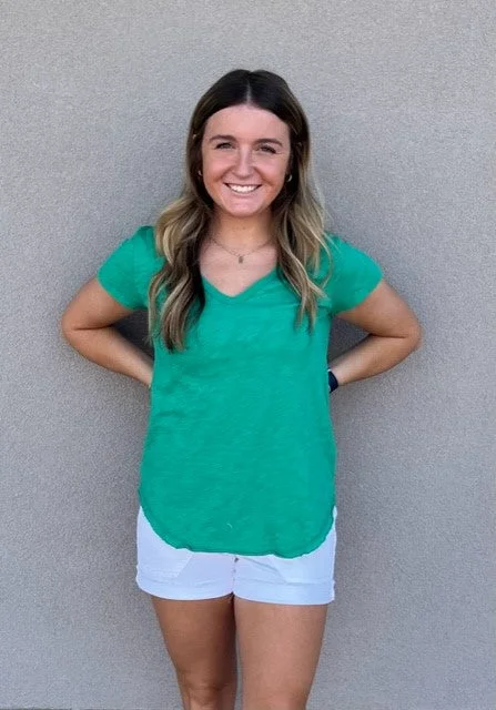 Dylan Slub Cotton Shirt Tail V-Neck Tee Green Leaf Fashionable Sheer Short Shirt