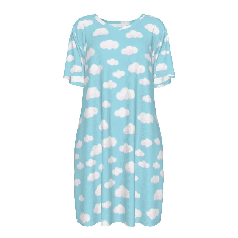 Dreamy Clouds Women's Cotton T-shirt Dress (Sky Blue) Front Pockets Side Pockets Patch Pockets