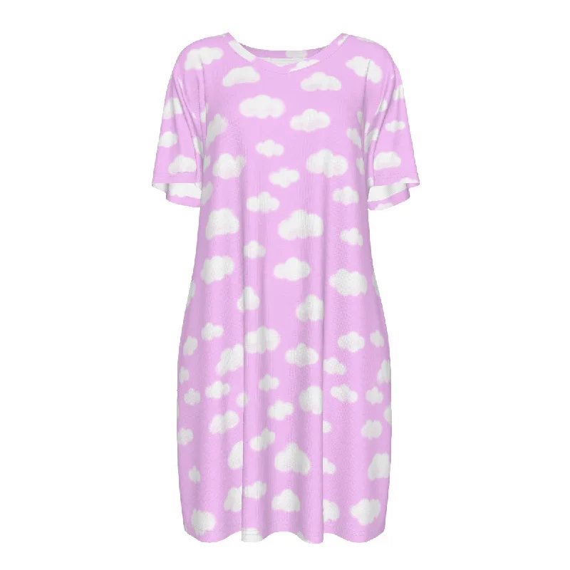Dreamy Clouds Women's Cotton T-shirt Dress (Taffy Pink) V-Neck T-Shirt Long Sleeve Cotton
