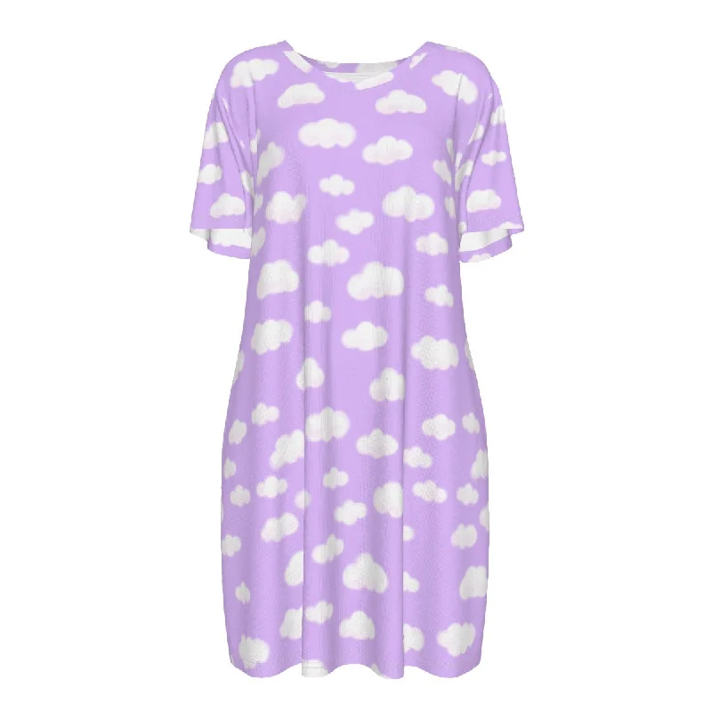Dreamy Clouds Women's Cotton T-shirt Dress (Lilac) Fitted T-Shirt Seamless Stretchy