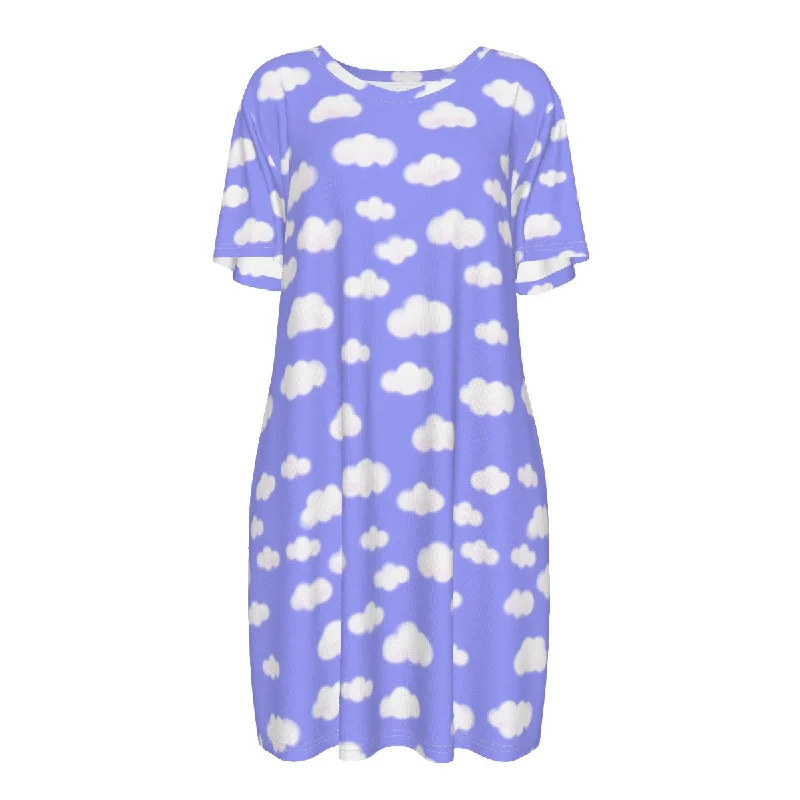 Dreamy Clouds Women's Cotton T-shirt Dress (Periwinkle) Anti-Pilling Machine Wash Handmade