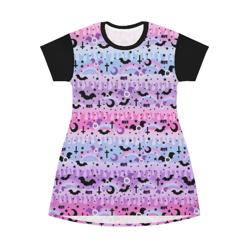 Dripping Sky All Over Print T-Shirt Mini Dress Hooded Caped Shawl Collar