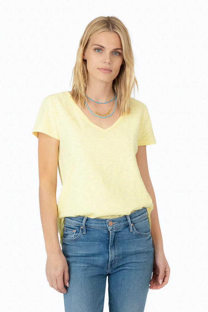 Dylan Slub Cotton Shirt Tail V-Neck Tee Lemon Trendy Tie-Front Short Shirt