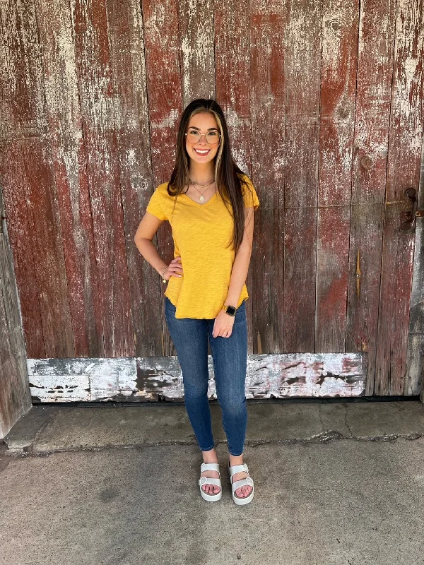 Dylan Slub Cotton Shirt Tail V-Neck Tee Marigold Classic Basic Short Shirt